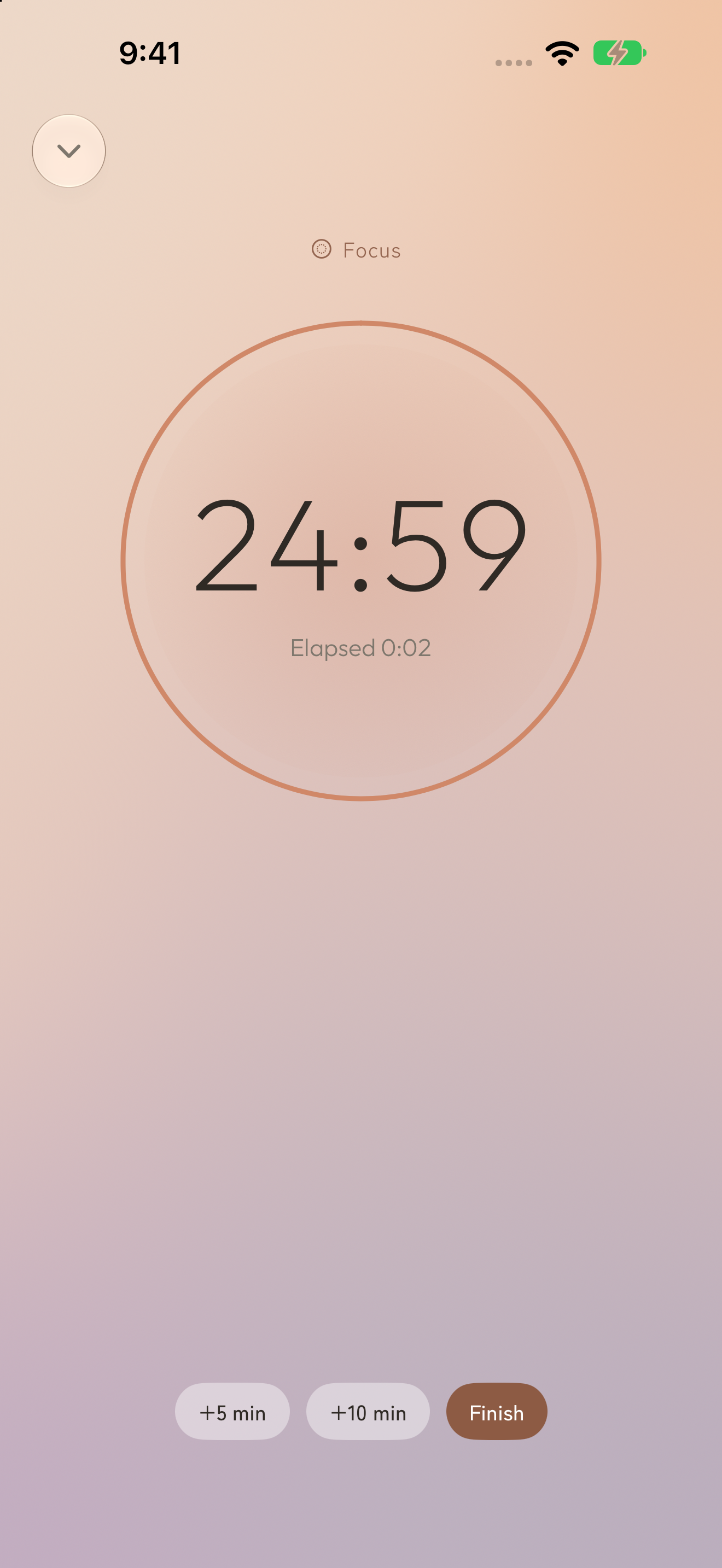 Running Focus timer with time left and controls to extend or finish