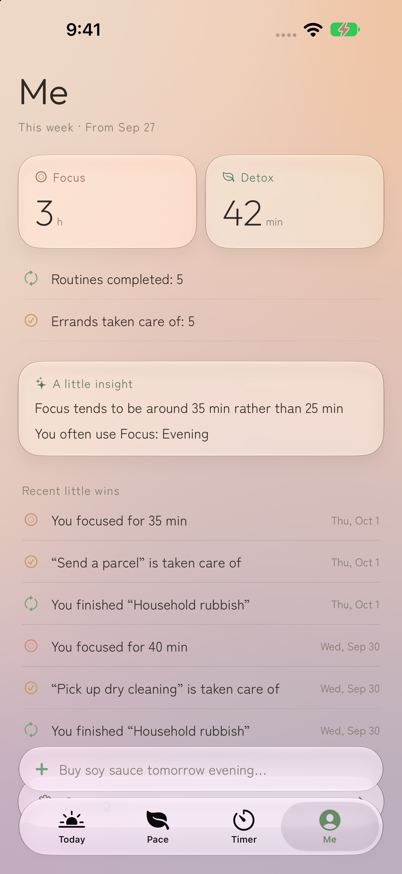 Me screen: this week's Focus and Detox time, insights, and recent moments