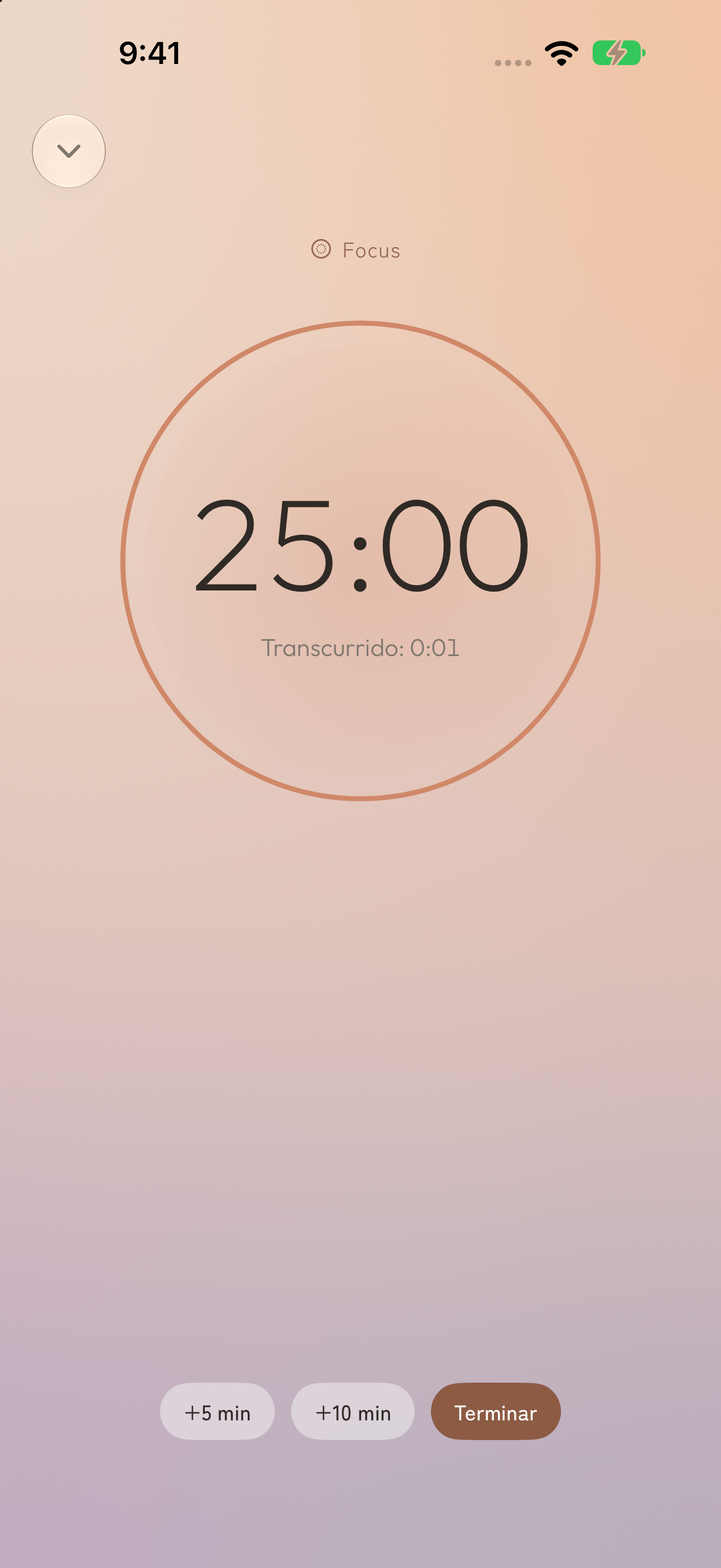 Temporizador Focus en marcha: tiempo restante y controles para ampliar o terminar