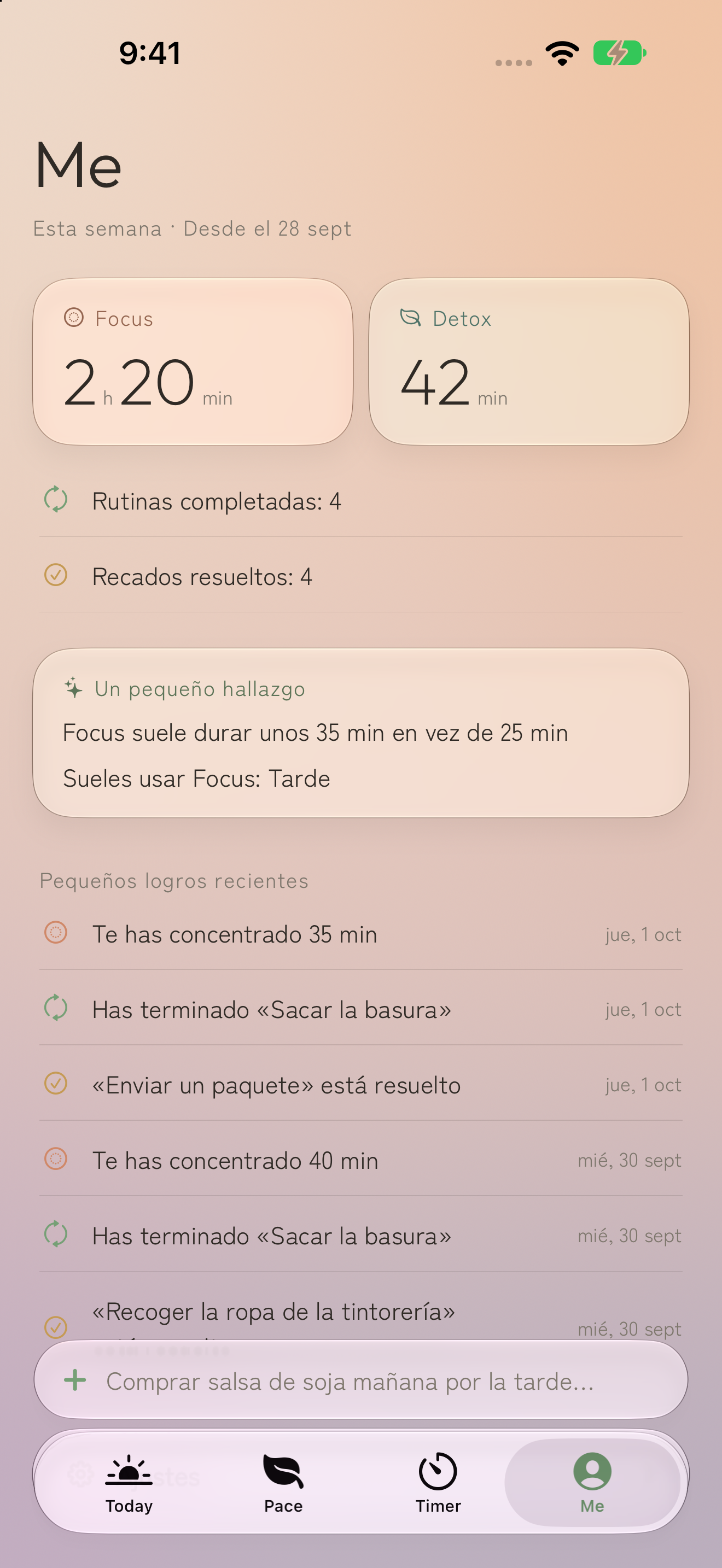 Pantalla Me: tiempo semanal de Focus y Detox, observaciones y momentos recientes