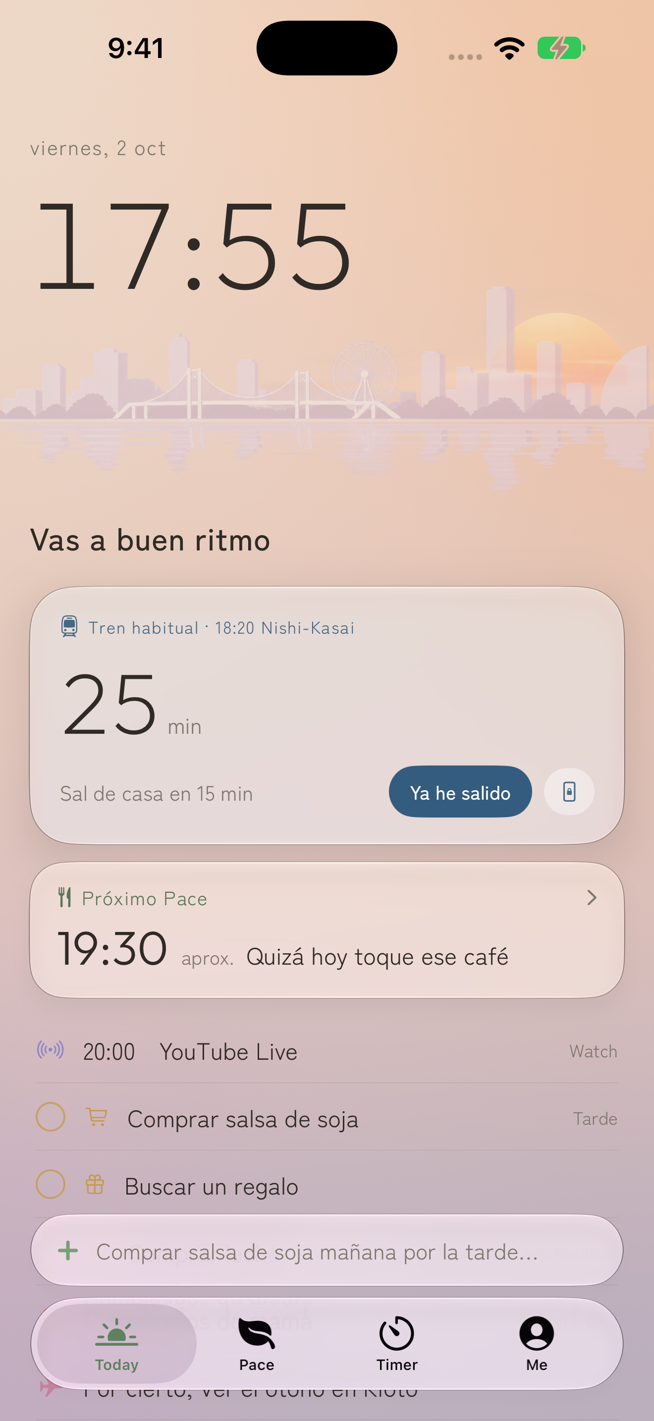 Pantalla Today de MellowPace: la hora y los próximos momentos sobre un cielo y una ciudad que cambian según la hora del día