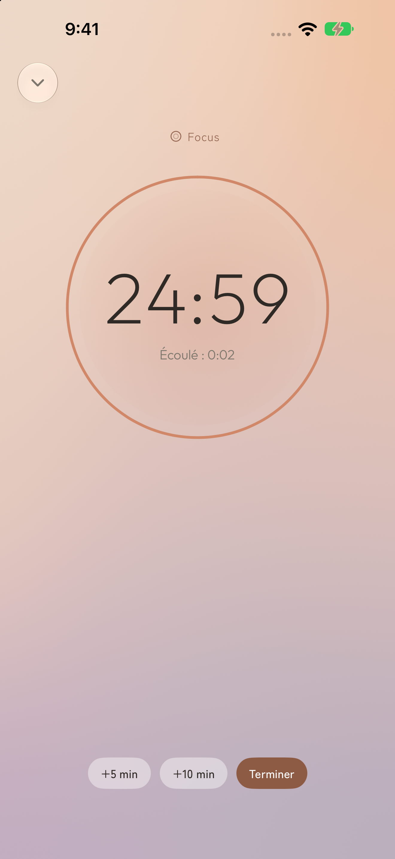 Minuteur Focus en cours : temps restant et boutons pour prolonger ou terminer