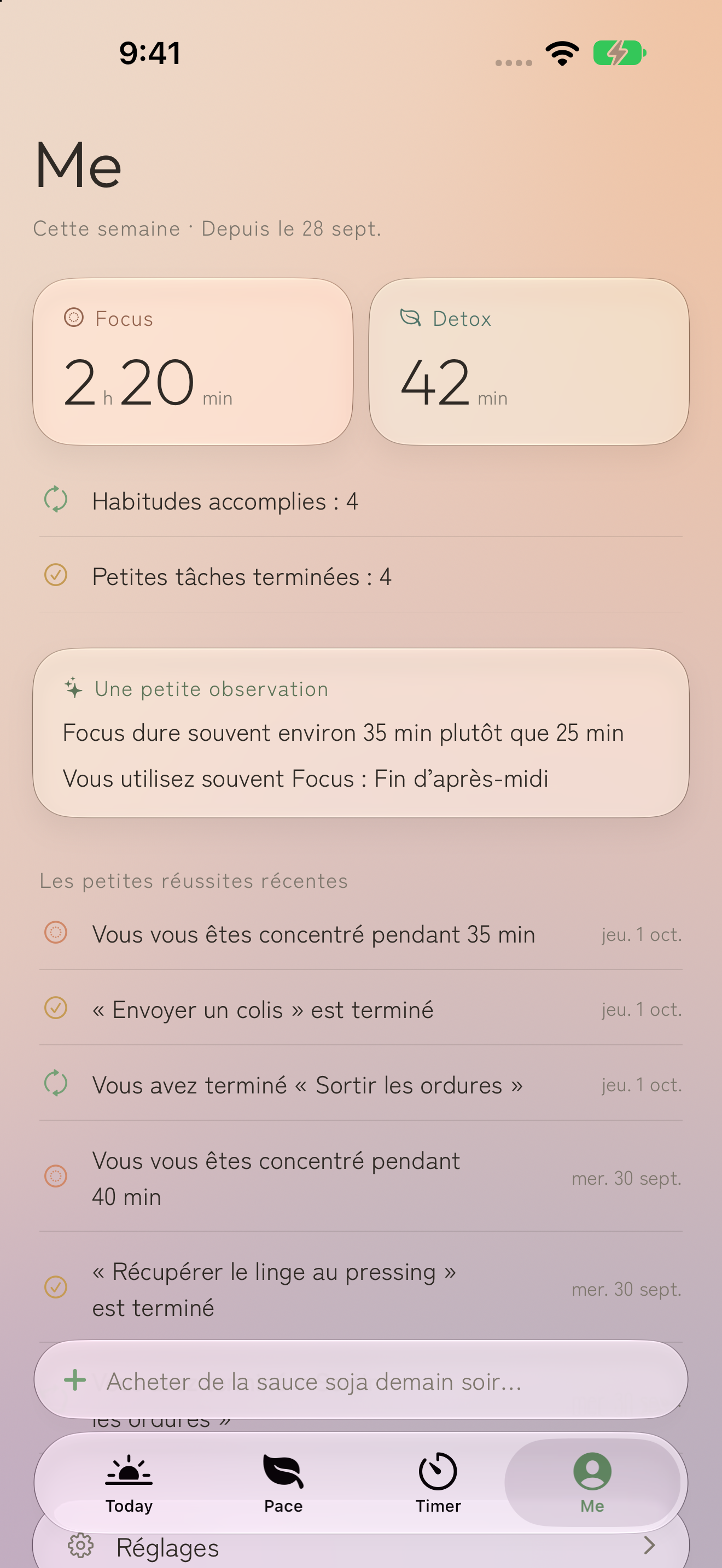 Écran Me : temps Focus et Detox de la semaine, observations et moments récents