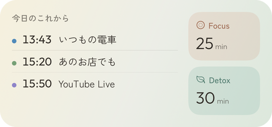 今日のこれからと、Focus・Detox を始めるボタンが並ぶ中サイズのウィジェット