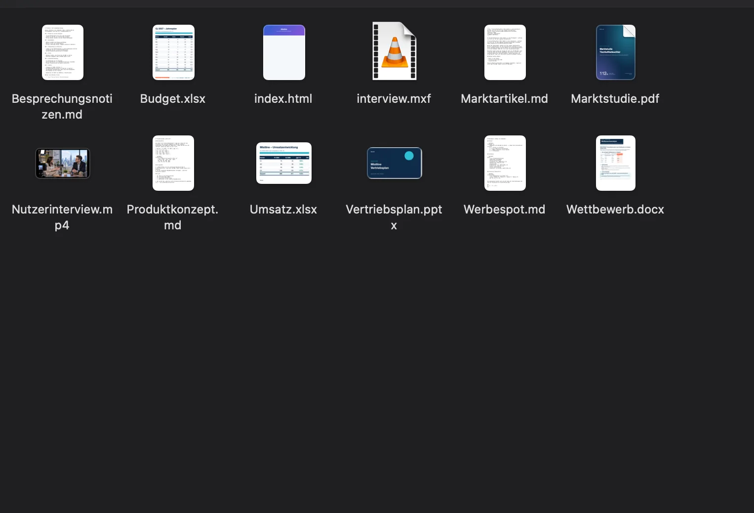 Finderで開いた「新商品企画」フォルダ。Markdown、PDF、Word、Excel、PowerPoint、動画が普通のファイルとして並んでいる