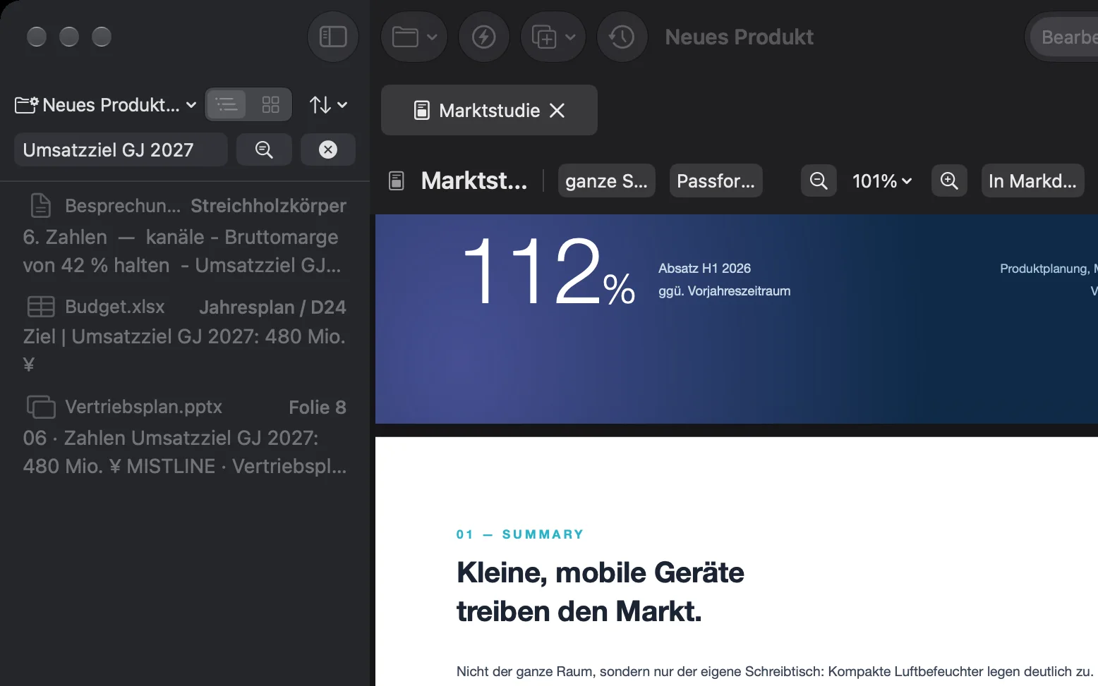 「2027年度 売上目標」で検索し、営業計画.pptxのスライド8、会議メモ.md、予算.xlsxの年間計画/D24が見つかっている
