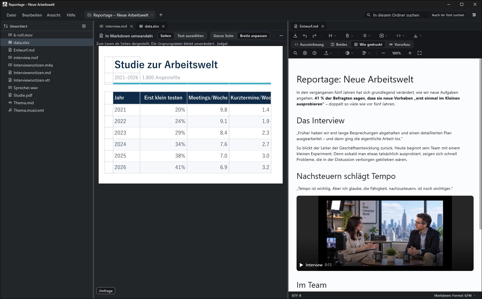 Windows版で、左に調査のExcel、右に原稿を並べている