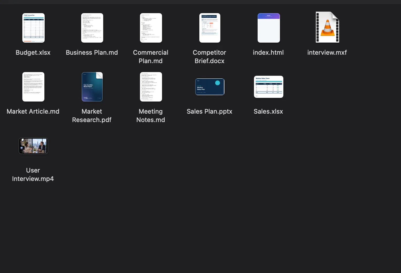 Finderで開いた「新商品企画」フォルダ。Markdown、PDF、Word、Excel、PowerPoint、動画が普通のファイルとして並んでいる