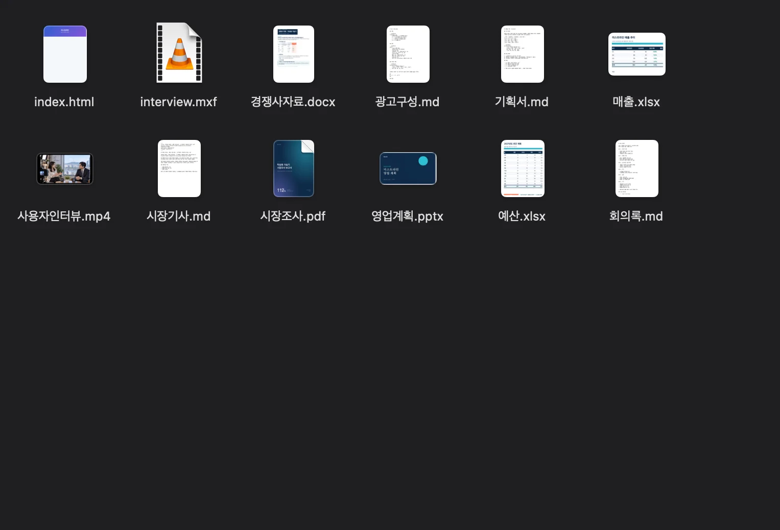 Finderで開いた「新商品企画」フォルダ。Markdown、PDF、Word、Excel、PowerPoint、動画が普通のファイルとして並んでいる