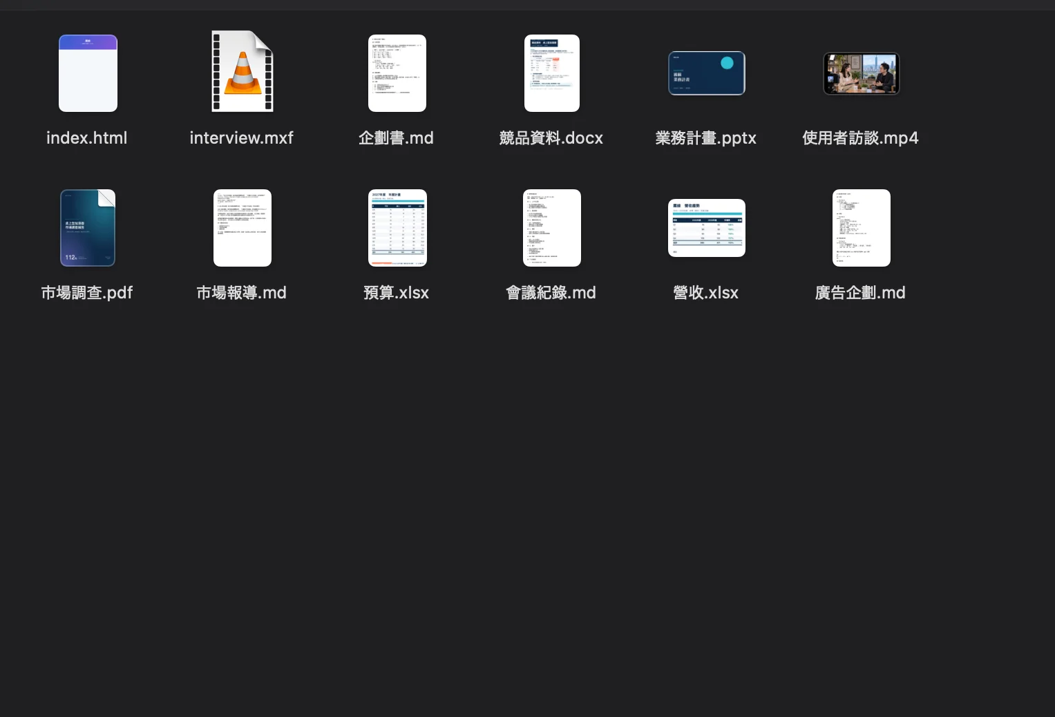 Finderで開いた「新商品企画」フォルダ。Markdown、PDF、Word、Excel、PowerPoint、動画が普通のファイルとして並んでいる