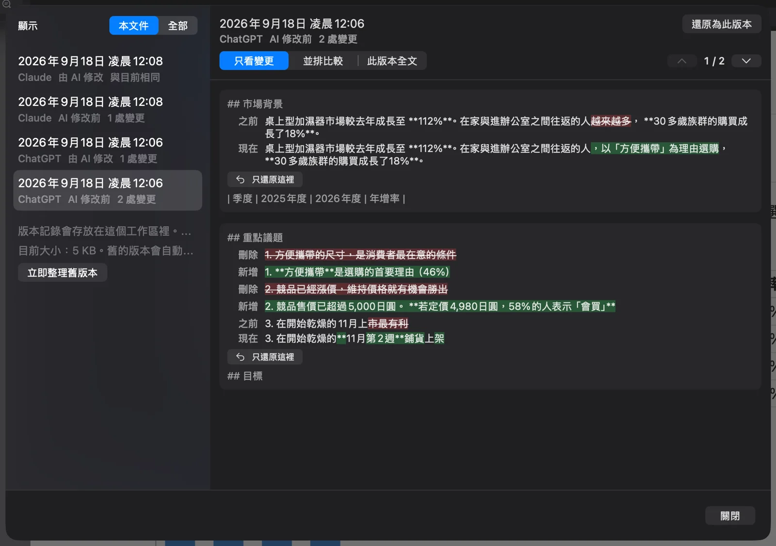 AIが企画書を書き換えたあと、変更前と変更後がChatGPTとClaudeの名前で変更履歴に並んでいる