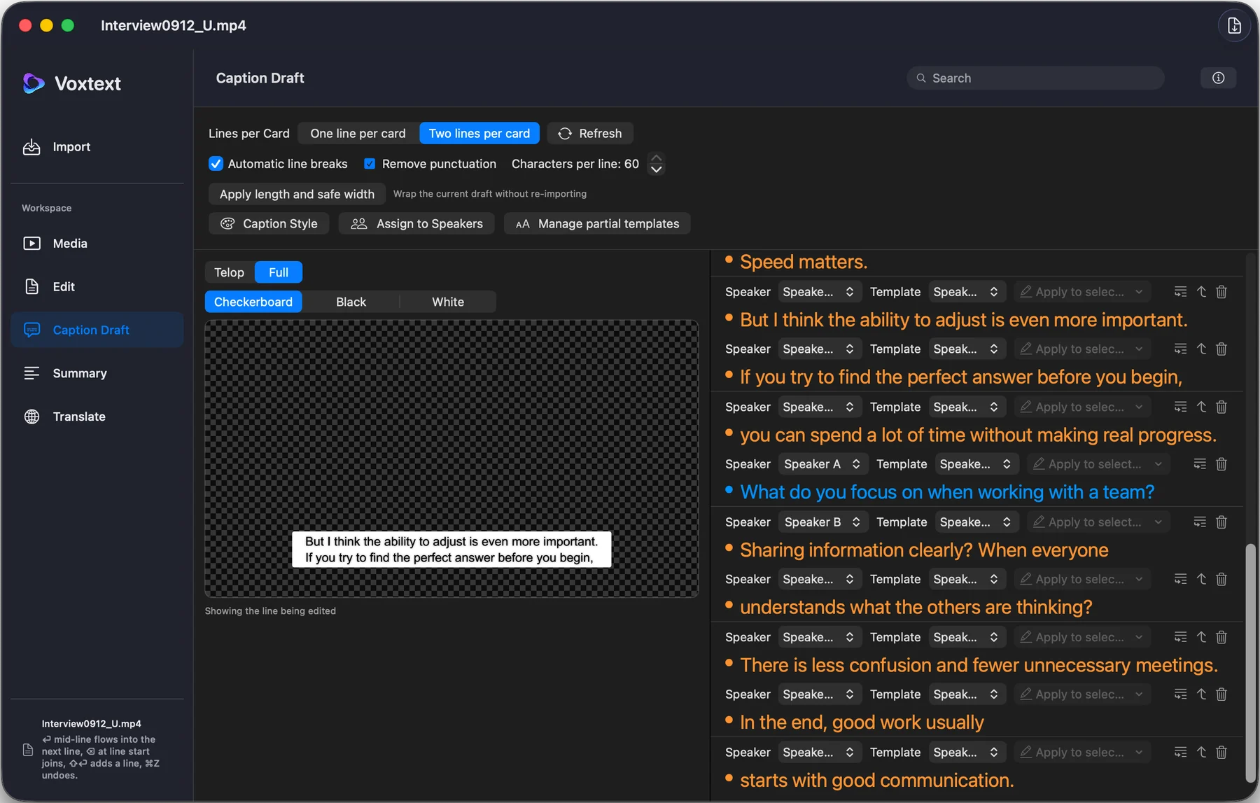 Caption Draft view splitting the transcript into two-line captions with a live preview