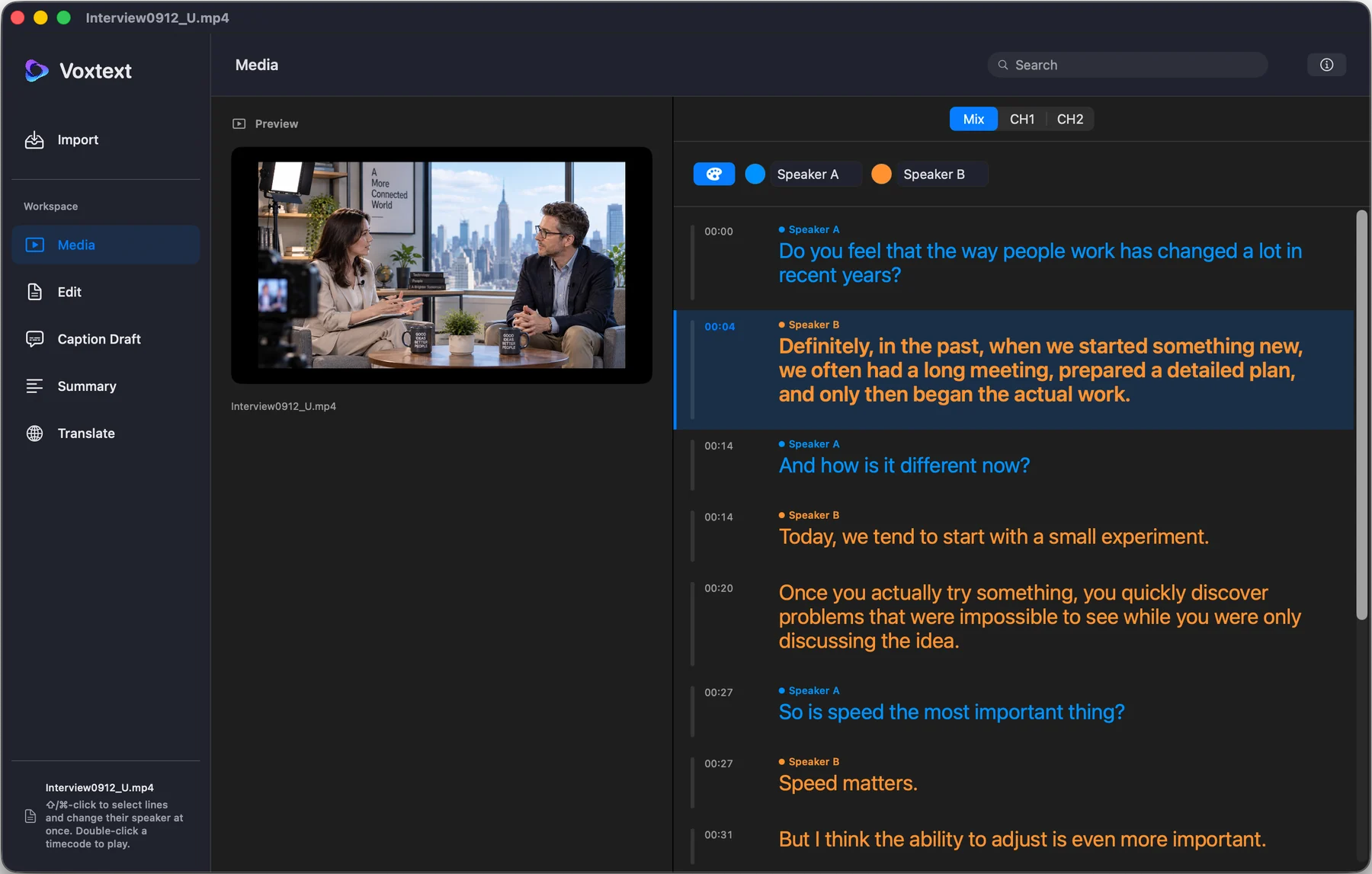 Voxtext Studio on Mac showing a video preview and a timestamped transcript colored by speaker