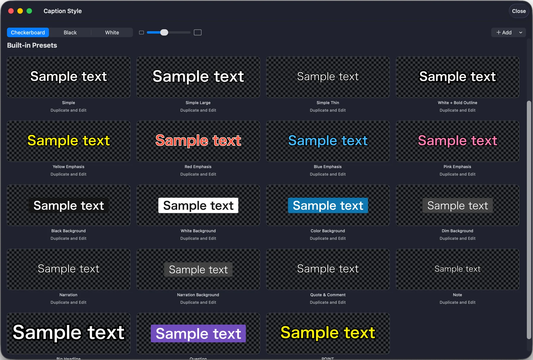 Caption style library with built-in presets for outlines, colors, and backgrounds